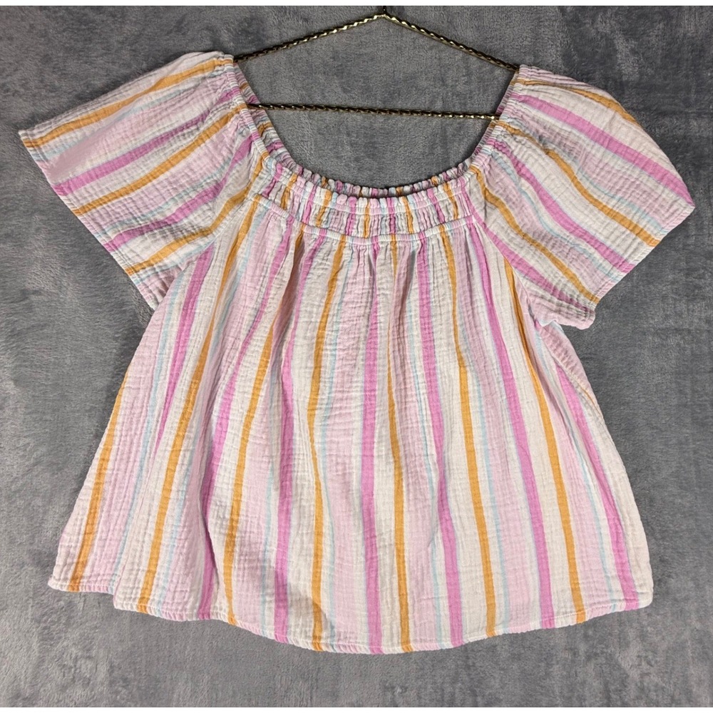 Spring Summer L 12-14 Striped Cotton Gauze Off Shoulder Peasant Top Pastel Pink